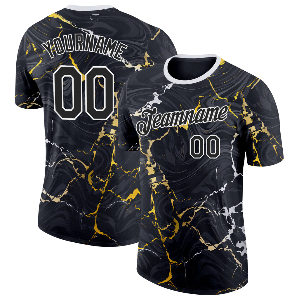Custom Black Yellow-White Bowling Lightning Performance T-Shirt