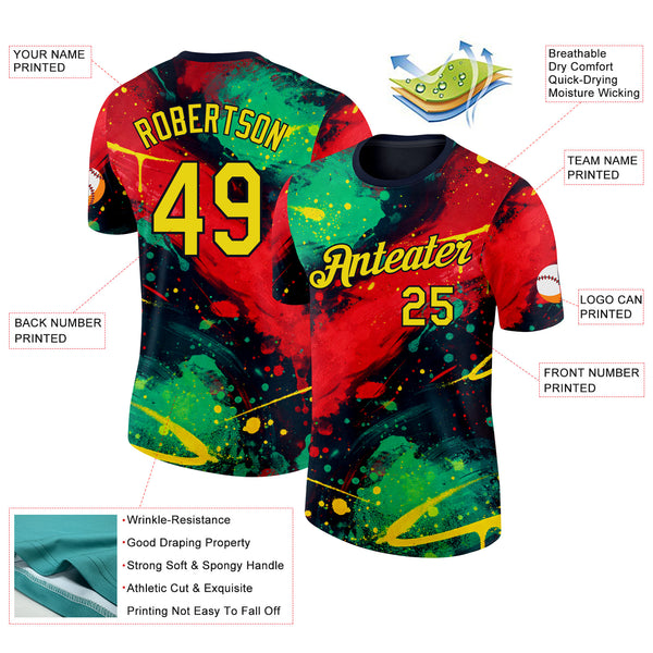 Custom Black Yellow Green-Red Bowling Splash Ink Performance T-Shirt