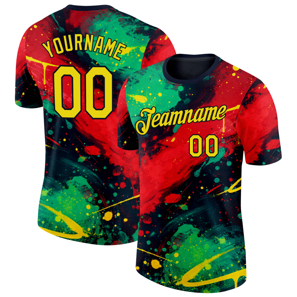 Custom Black Yellow Green-Red Bowling Splash Ink Performance T-Shirt