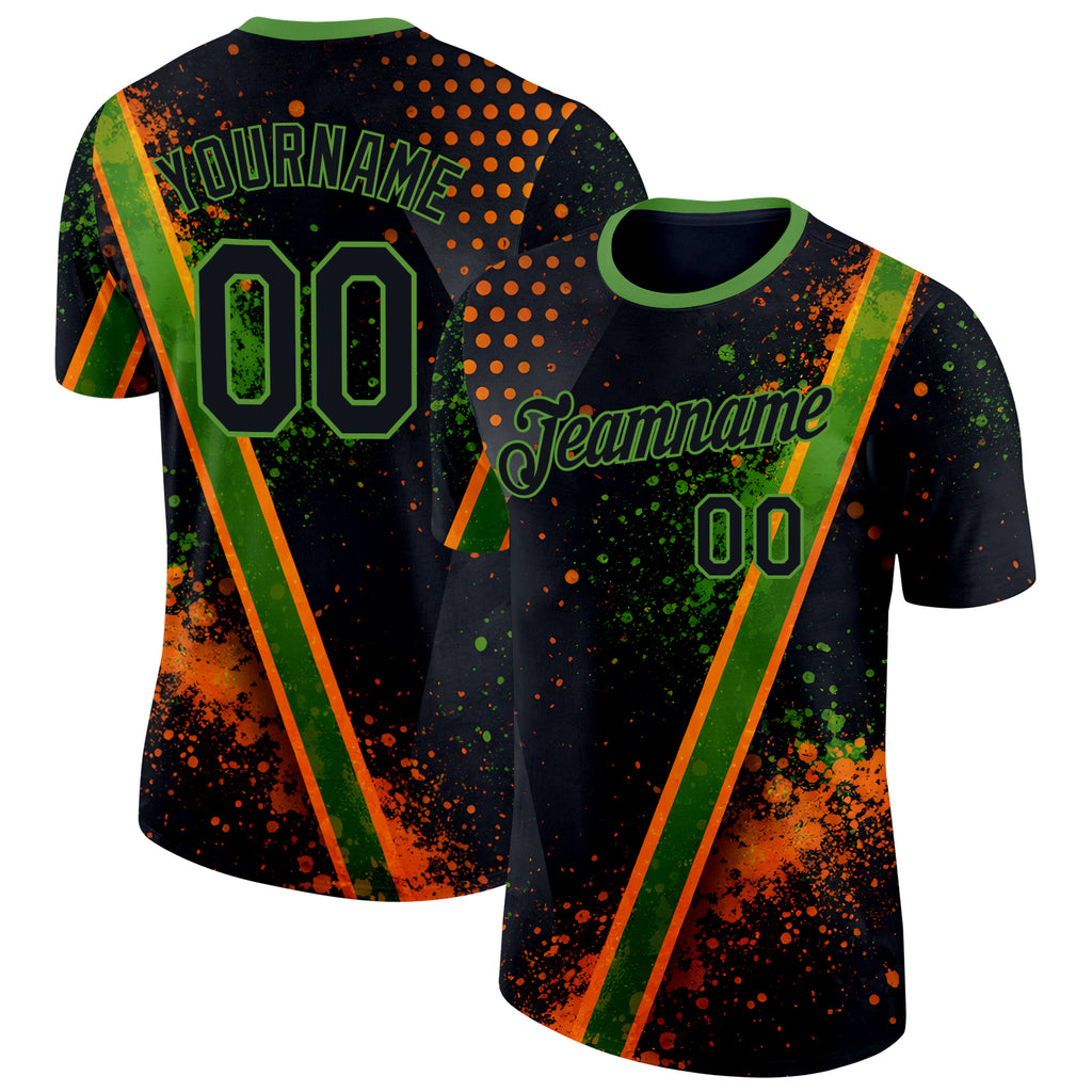 Custom Black Orange-Green Bowling Splash Ink Performance T-Shirt