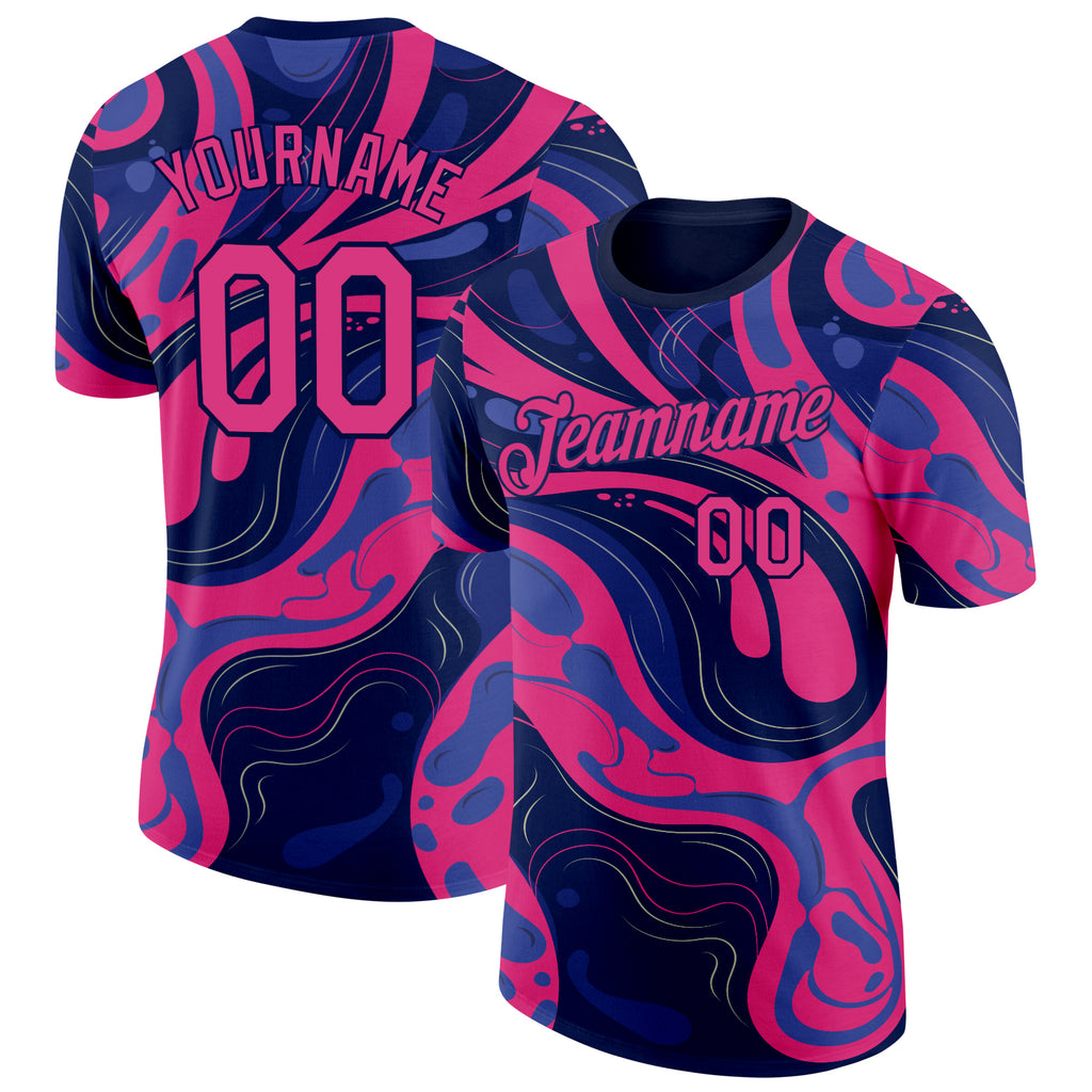 Custom Navy Hot Pink-Blue Bowling Liquid Performance T-Shirt