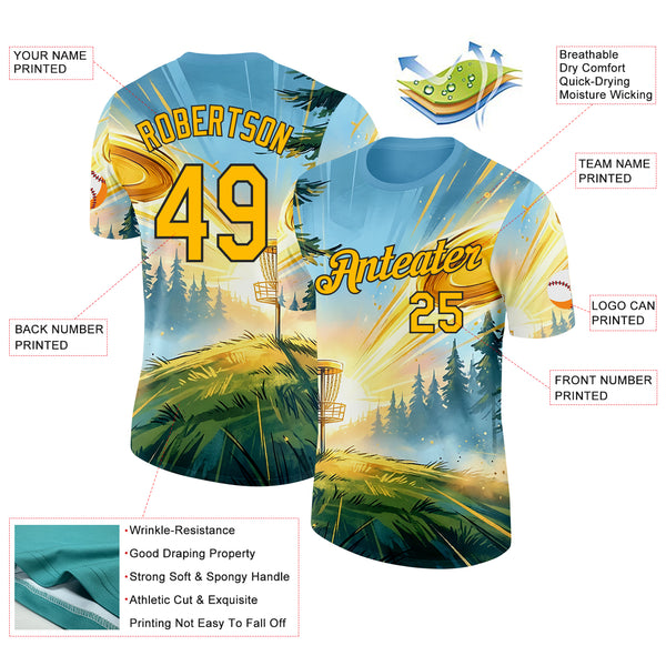 Custom Blue Gold-Black Disc Golf Performance T-Shirt