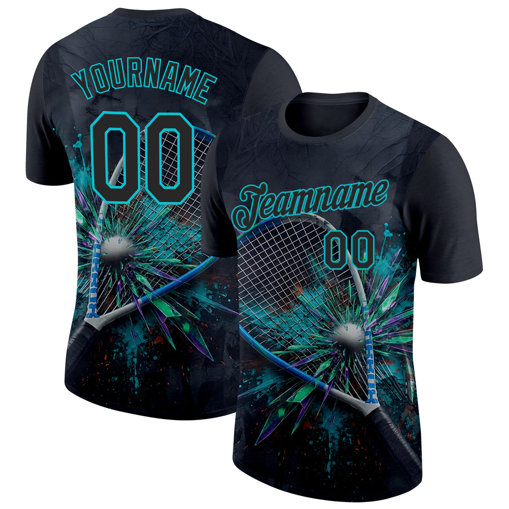 Custom Black-Blue Racquetball Splash Ink Performance T-Shirt