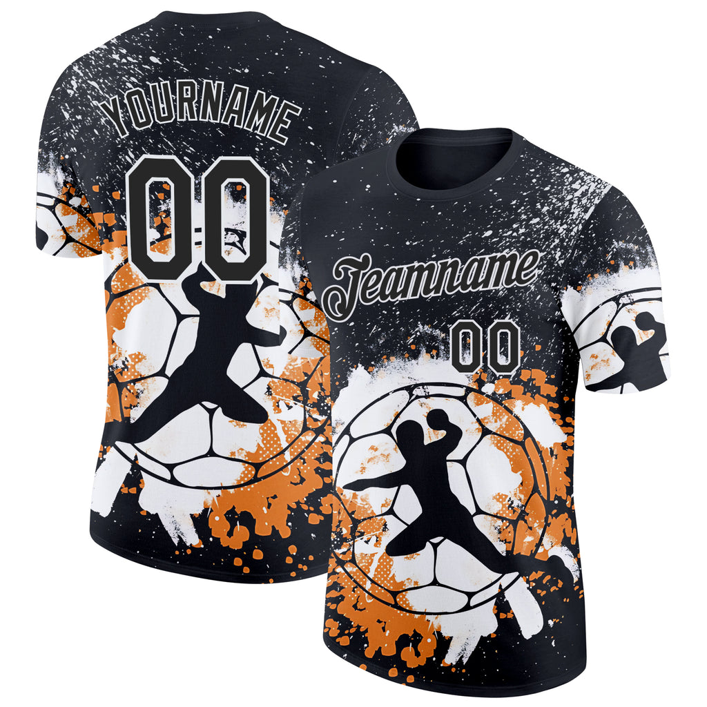 Custom Black Orange-White Handball Grunge Performance T-Shirt