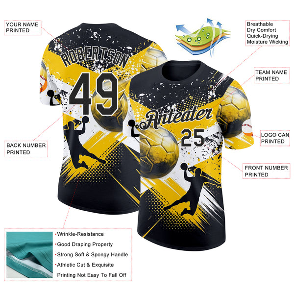 Custom Black Yellow-White Handball Grunge Performance T-Shirt