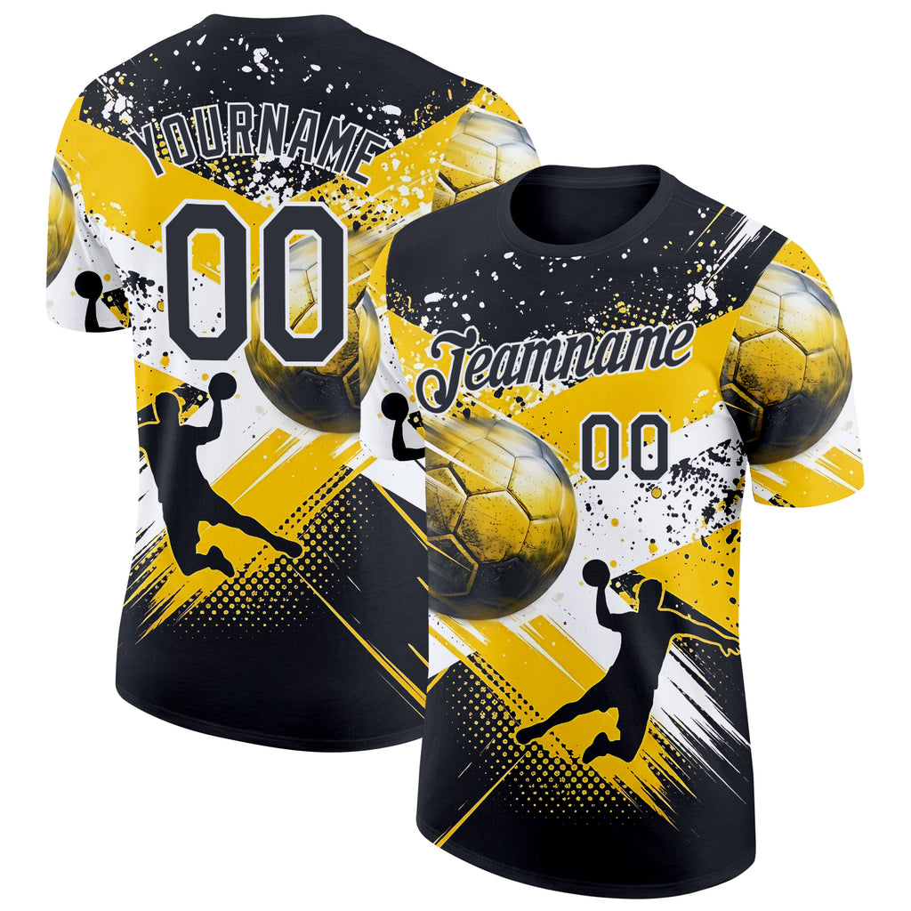 Custom Black Yellow-White Handball Grunge Performance T-Shirt