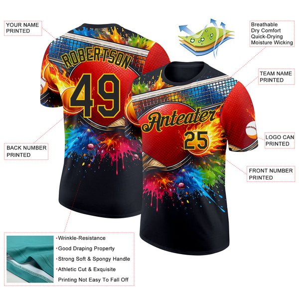 Custom Black Red Blue Green-Yellow Table Tennis Splash Ink Performance T-Shirt