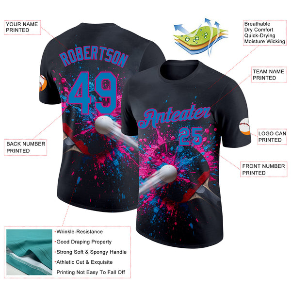 Custom Black Blue-Pink Table Tennis Splash Ink Performance T-Shirt
