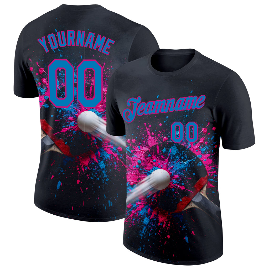 Custom Black Blue-Pink Table Tennis Splash Ink Performance T-Shirt
