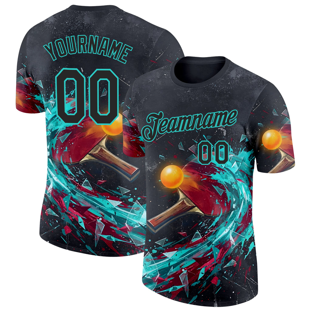 Custom Black Red-Ice Blue Table Tennis Performance T-Shirt