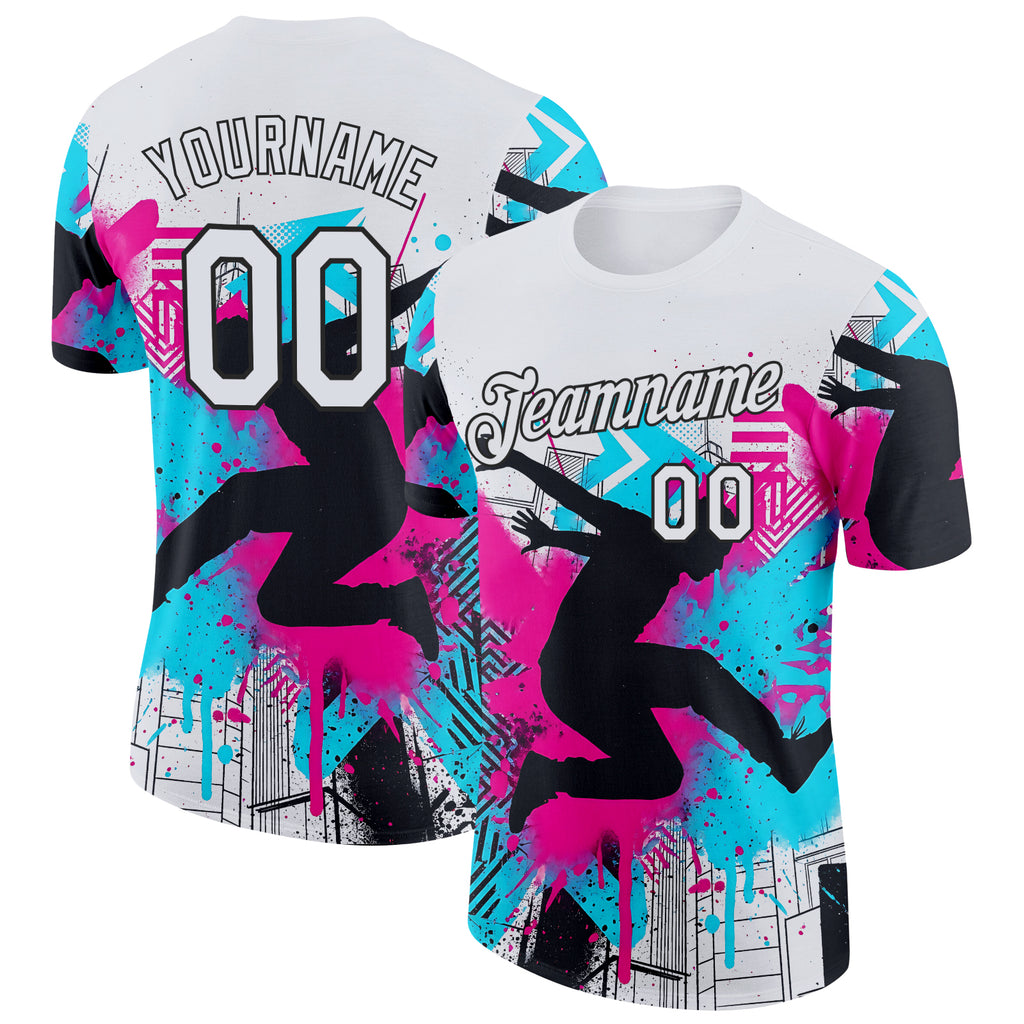 Custom White Blue Pink-Black Parkour Streetwear Graffiti Performance T-Shirt