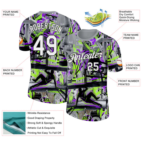 Custom Gray White Purple Green-Black Parkour Streetwear Graffiti Performance T-Shirt