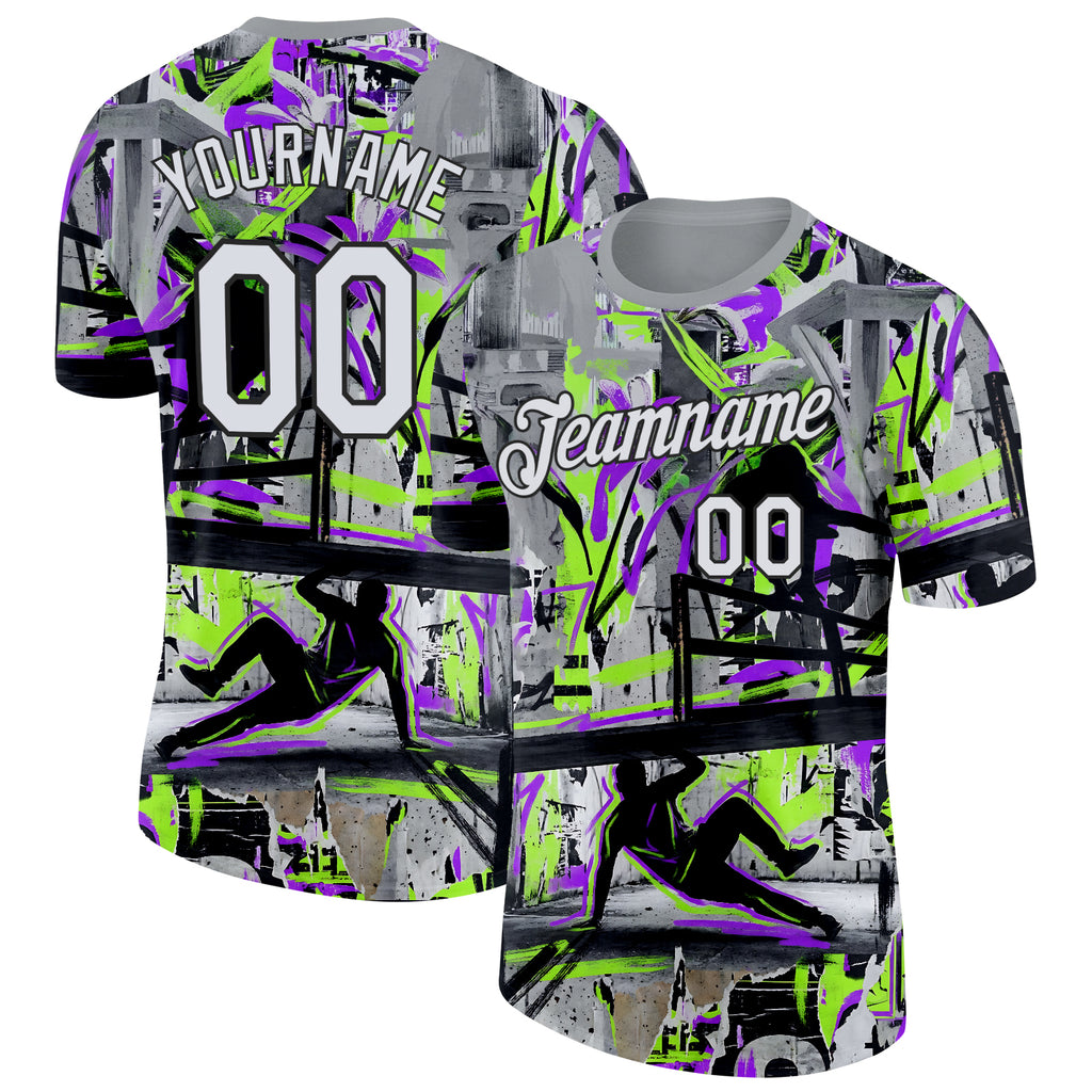 Custom Gray White Purple Green-Black Parkour Streetwear Graffiti Performance T-Shirt