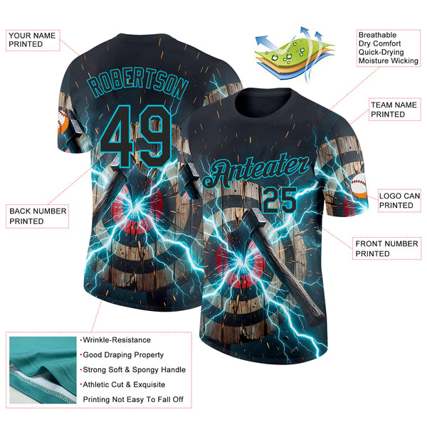 Custom Black Blue-Lakes Blue Axe Throwing Lightning Performance T-Shirt