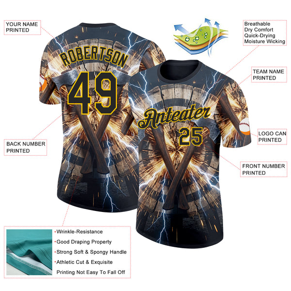Custom Blue Black-Yellow Axe Throwing Lightning Performance T-Shirt