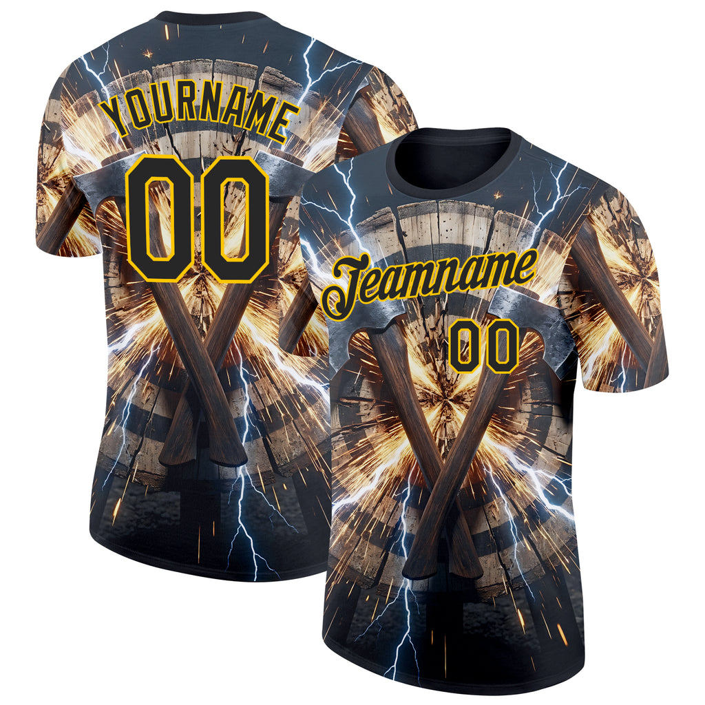 Custom Blue Black-Yellow Axe Throwing Lightning Performance T-Shirt