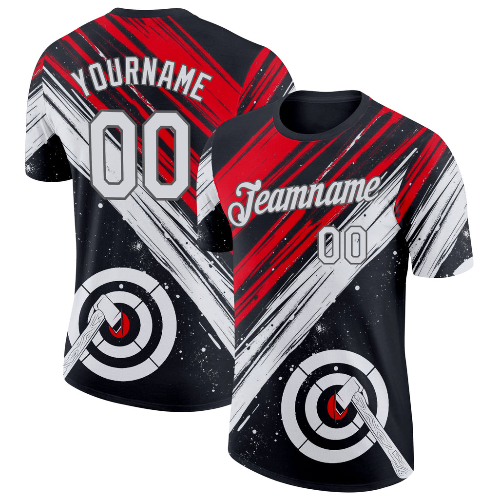 Custom Black White Red-Steel Gray Axe Throwing Performance T-Shirt