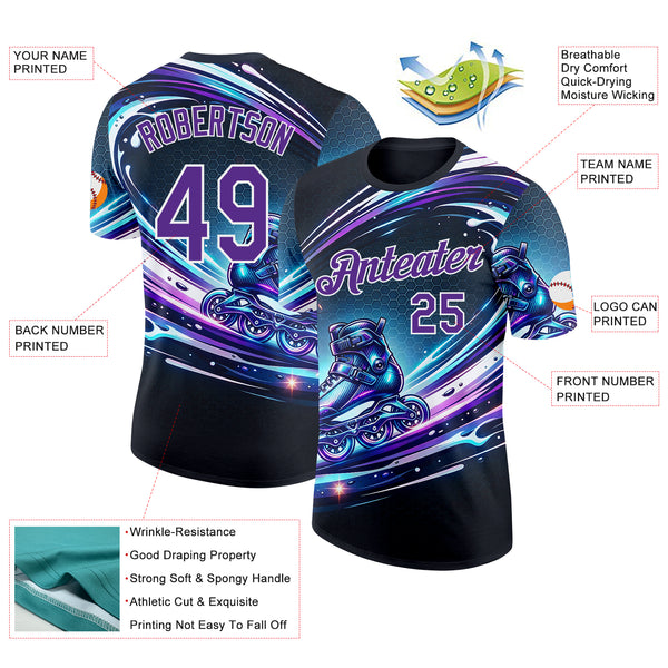 Custom Black Purple Blue-White Inline Skating Performance T-Shirt