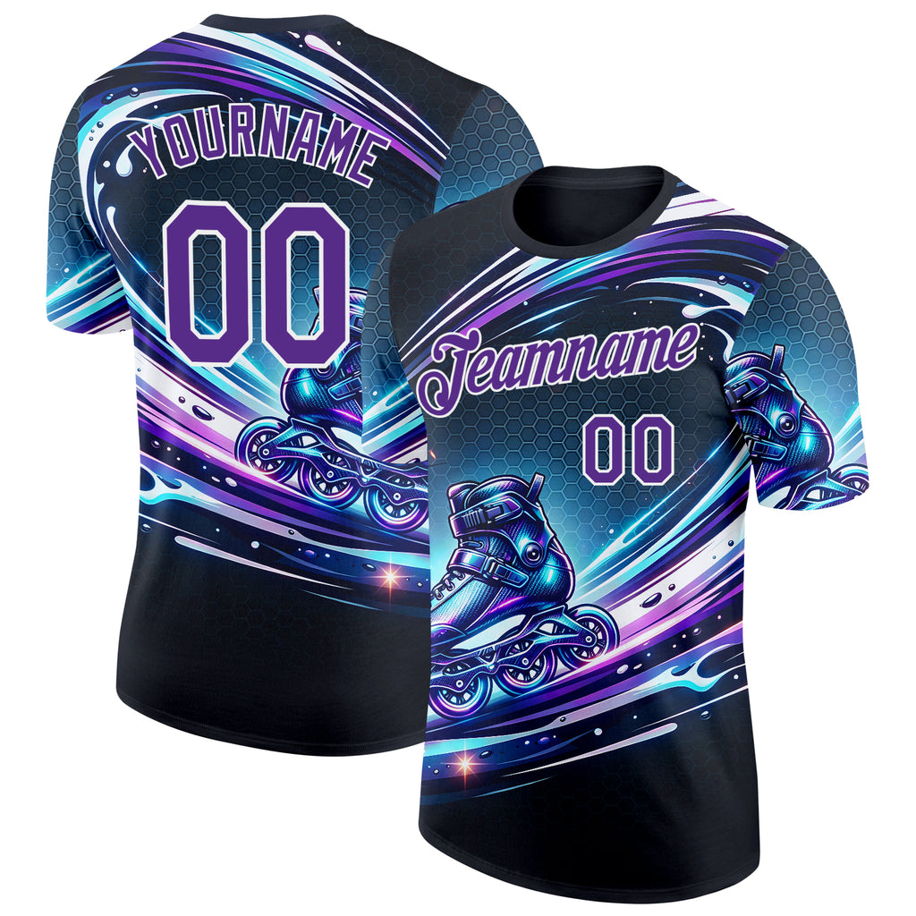 Custom Black Purple Blue-White Inline Skating Performance T-Shirt