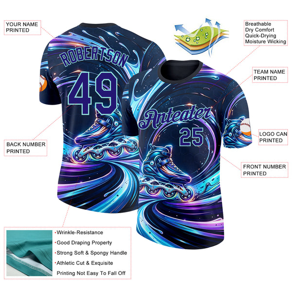 Custom Black Dark Purple-Ice Blue Inline Skating Performance T-Shirt