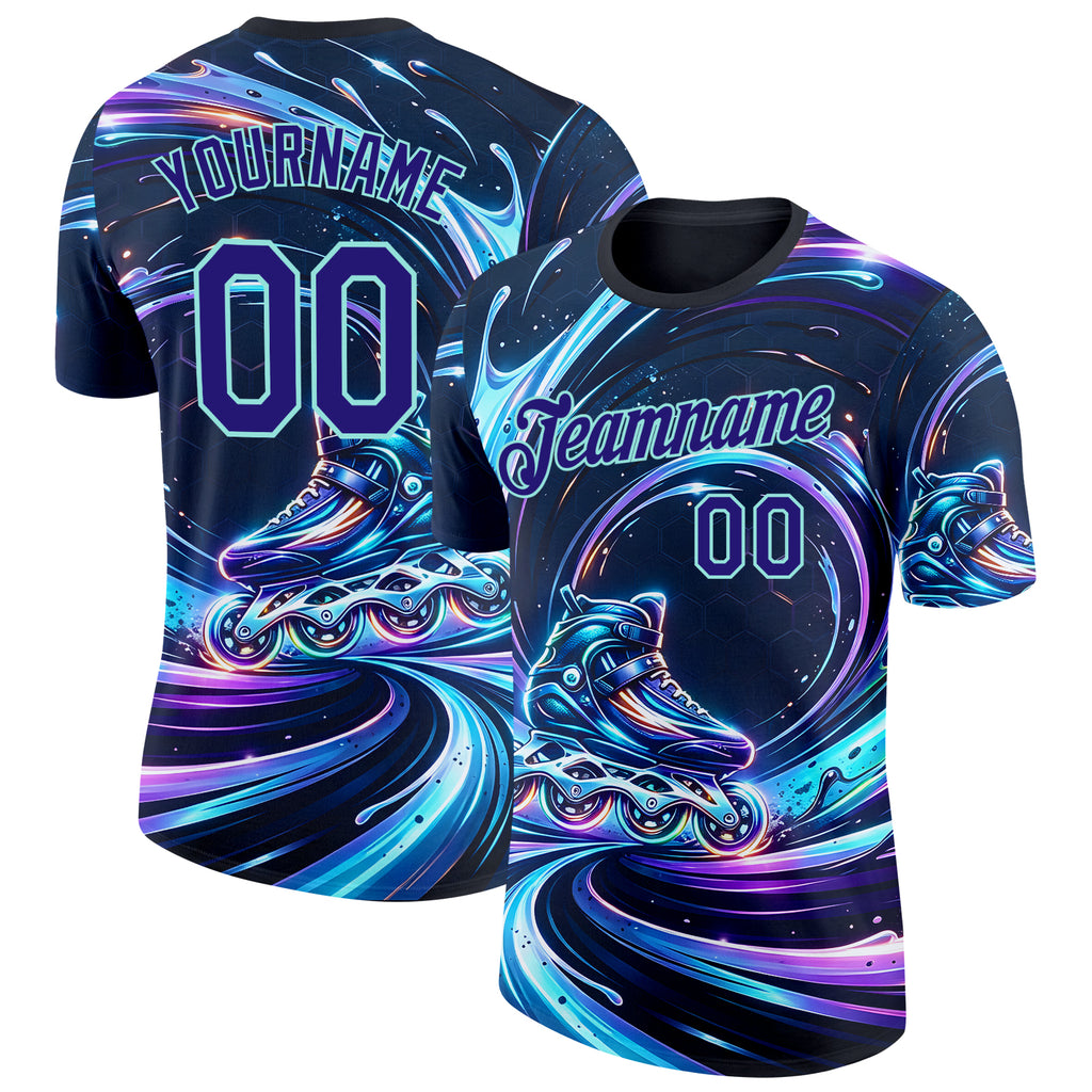 Custom Black Dark Purple-Ice Blue Inline Skating Performance T-Shirt