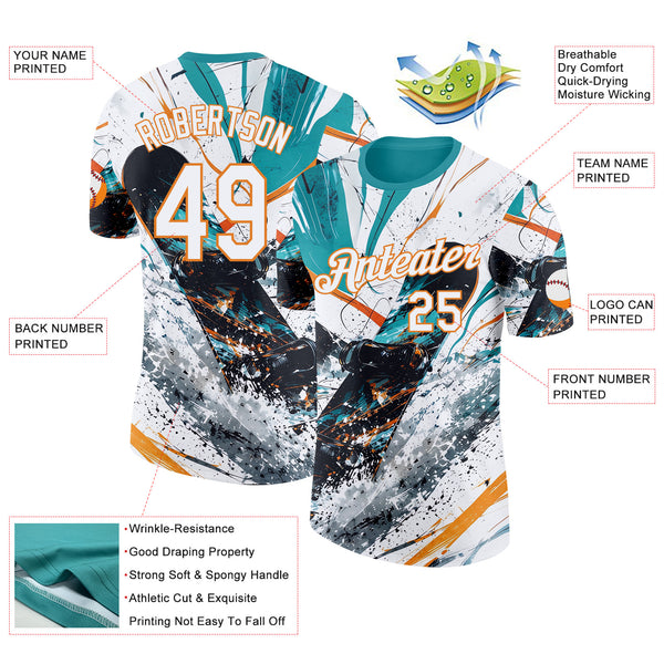 Custom White Black Blue-Orange Skiing Grunge Performance T-Shirt
