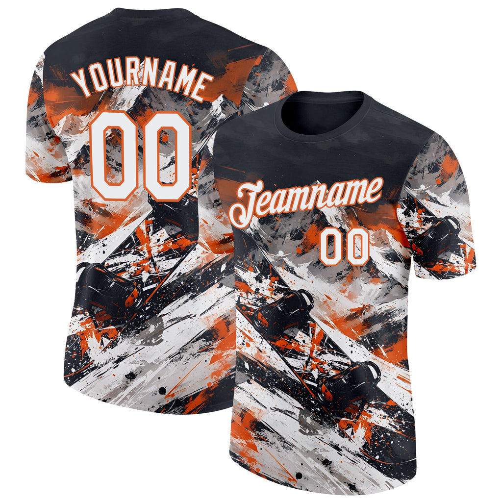 Custom Black White-Orange Skiing Performance T-Shirt