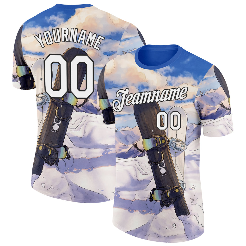 Custom Blue White-Black Skiing Performance T-Shirt