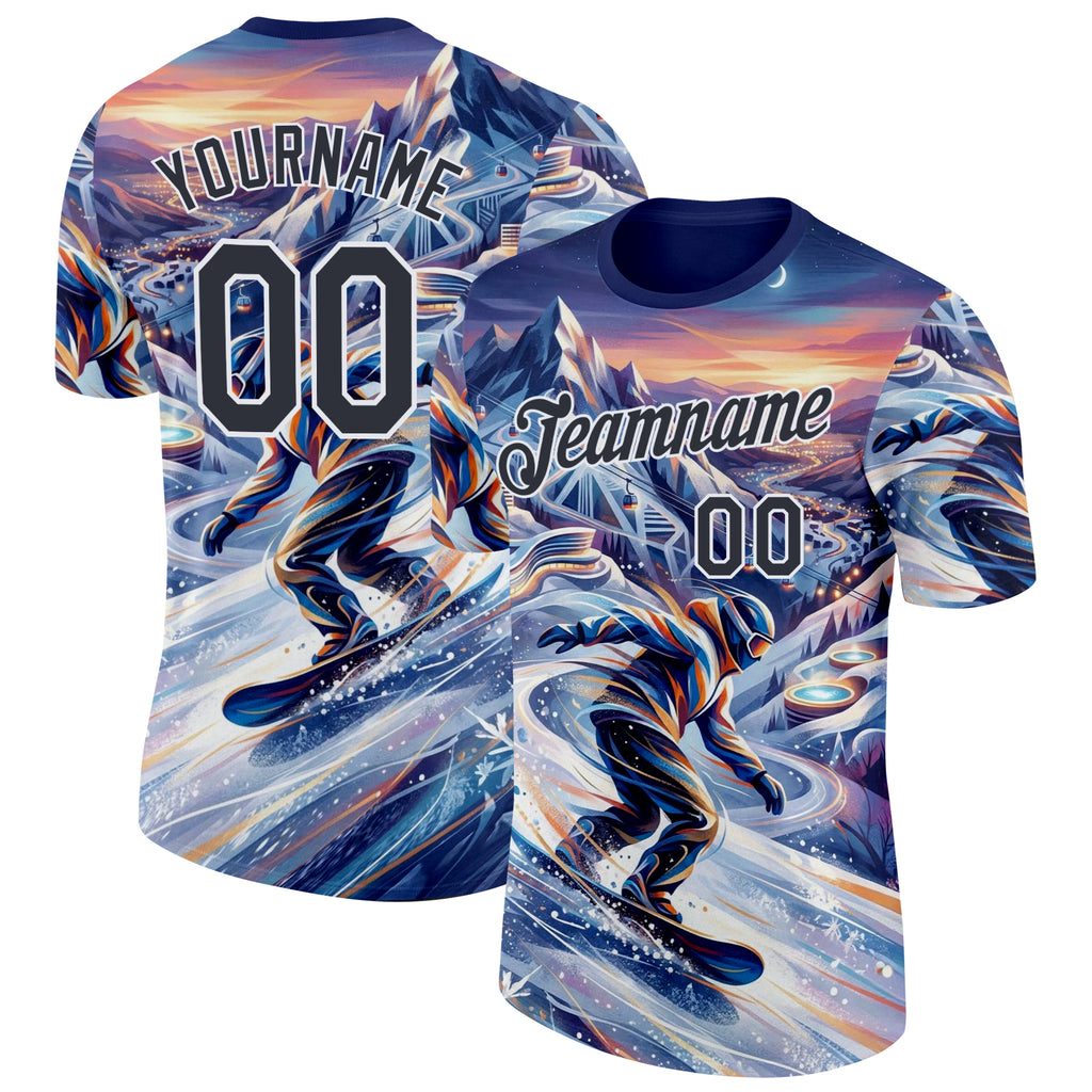 Custom Blue Black-White Snow Mountain Skiing Performance T-Shirt