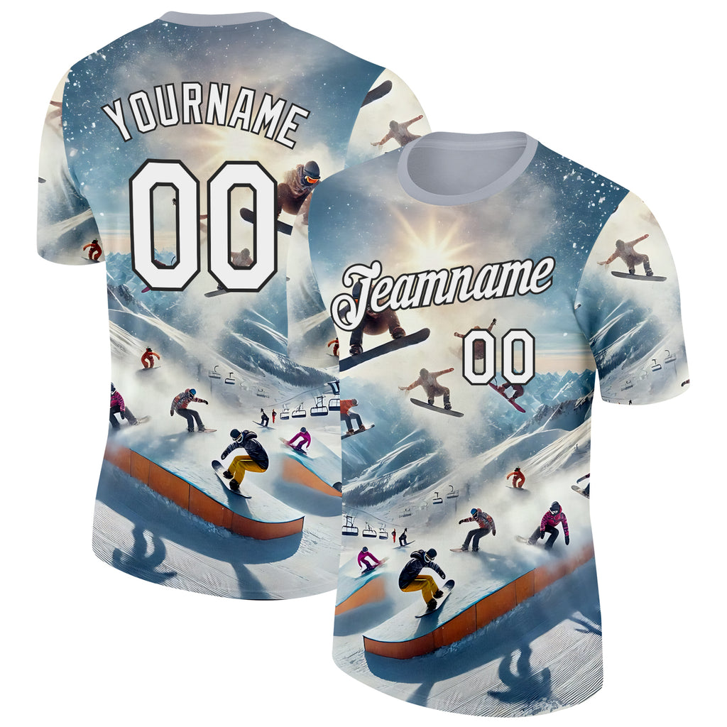 Custom Blue White-Black Skiing Performance T-Shirt