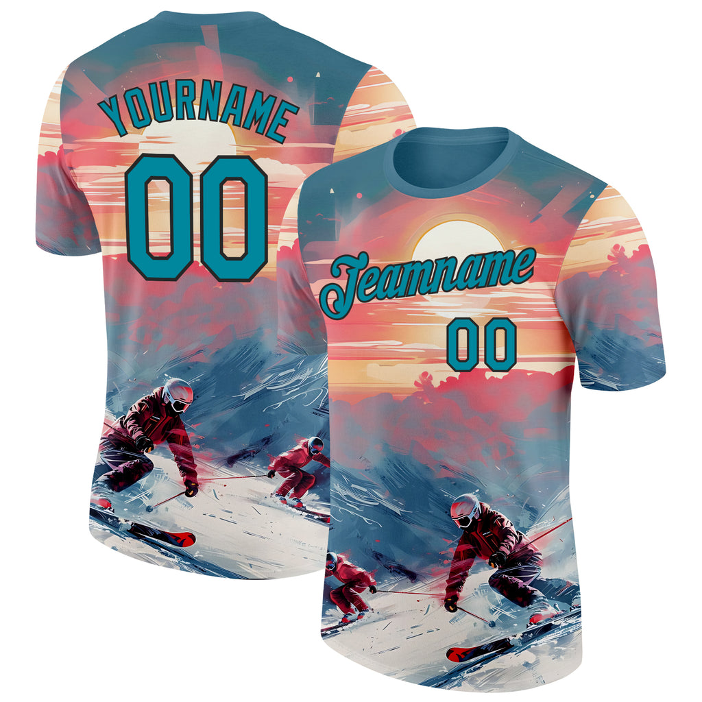 Custom Blue Teal-Black Skiing Performance T-Shirt
