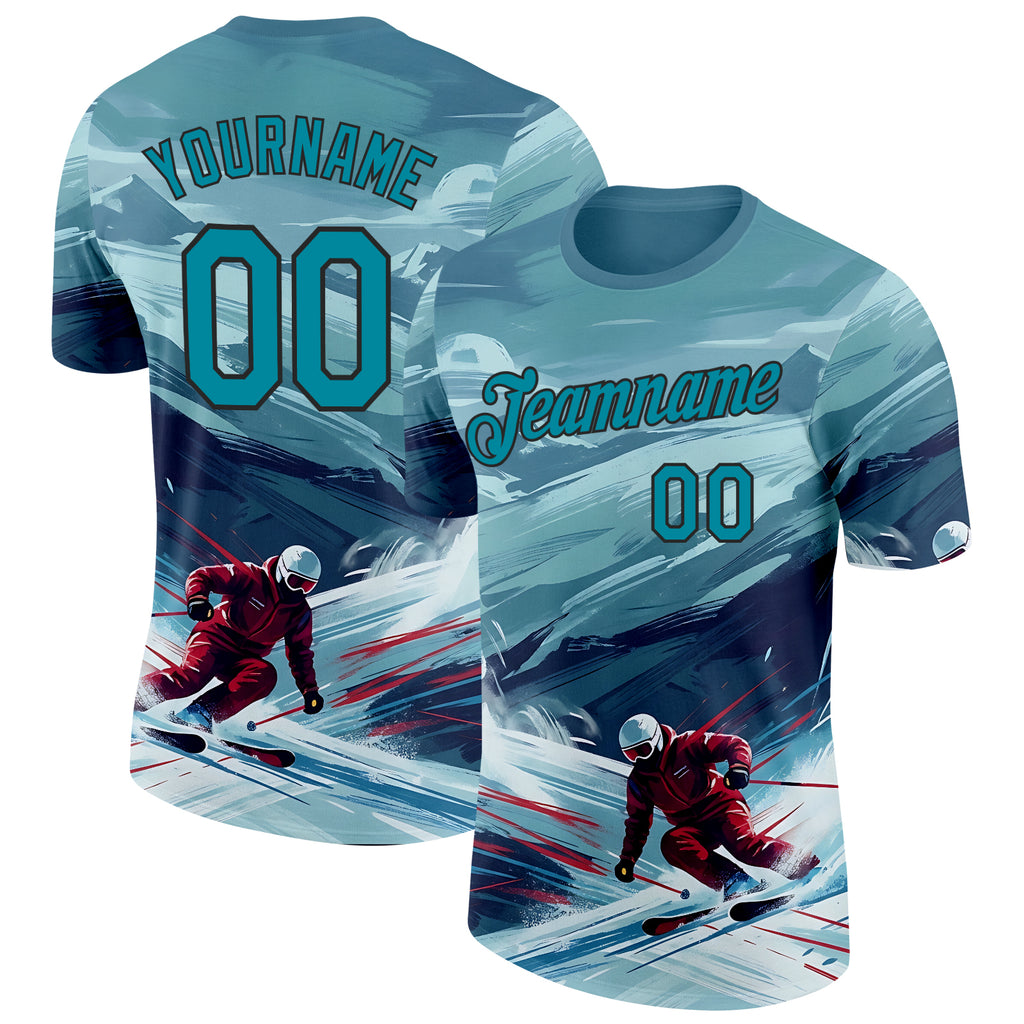 Custom Blue Teal-Black Skiing Performance T-Shirt