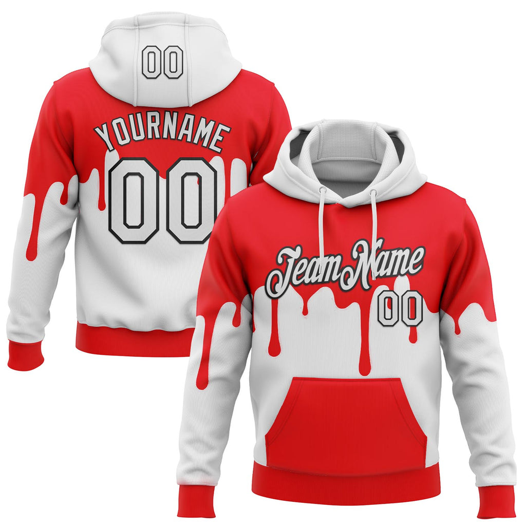 Custom Stitched Fire Red White-Black Color Block Dripping Paint Pullover Sweatshirt Hoodie