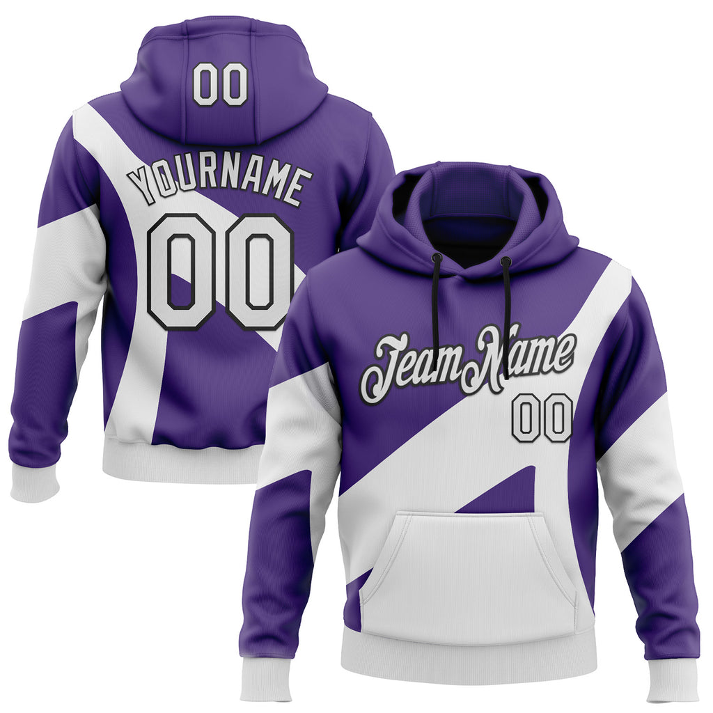 Custom Stitched Purple White-Black Color Block Geometric Split Pullover Sweatshirt Hoodie