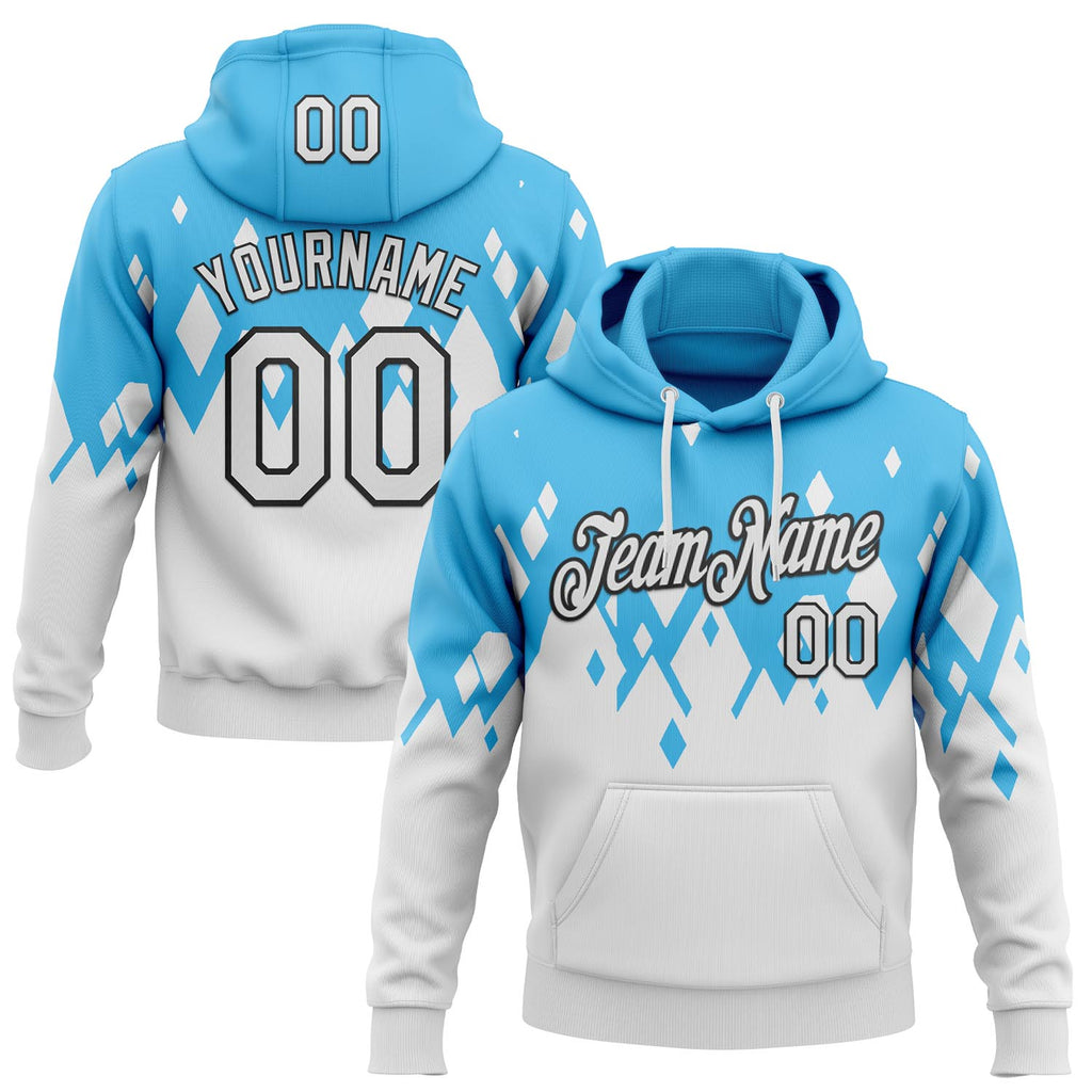 Custom Stitched Sky Blue White-Black Color Block Geometric Split Diamond Shards Pullover Sweatshirt Hoodie