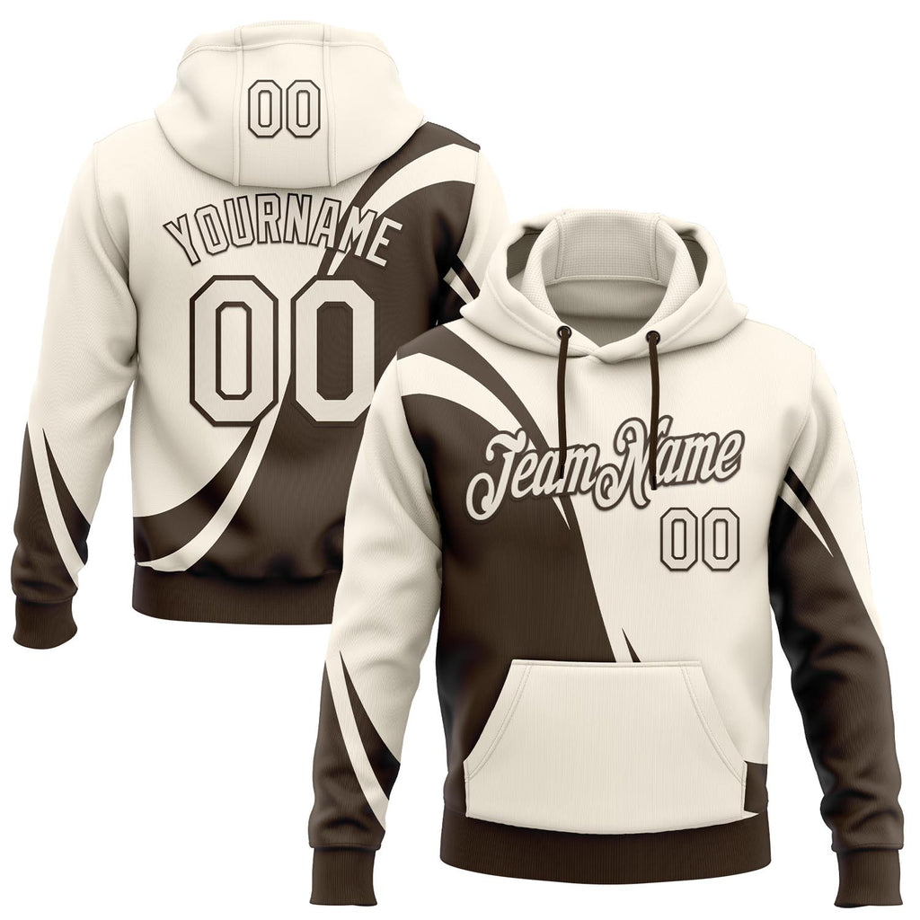 Custom Stitched Cream-Brown Color Block Split Curved Diagonal Cut Pullover Sweatshirt Hoodie