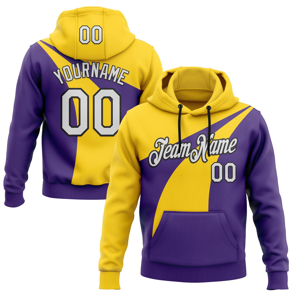 Custom Stitched Purple White Yellow-Black Color Block Split Sharp Curve Pullover Sweatshirt Hoodie
