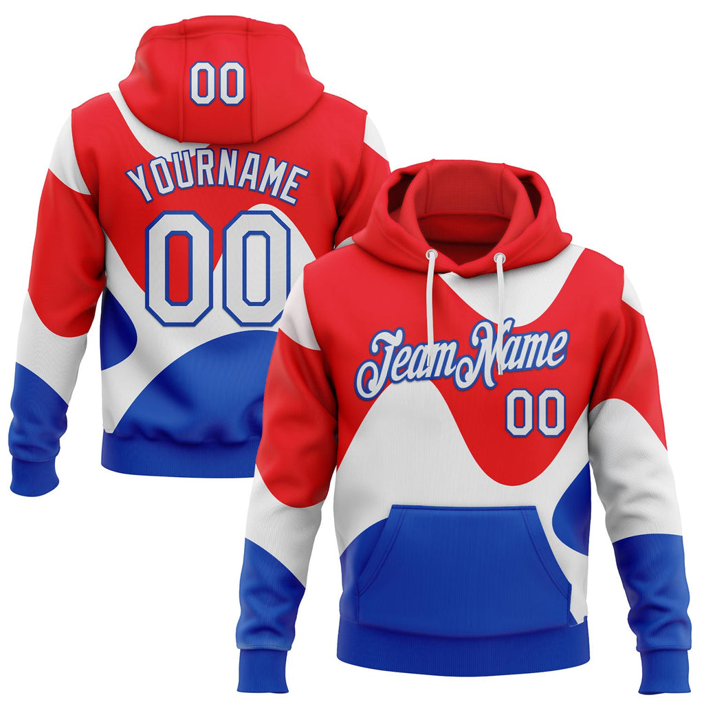 Custom Stitched Fire Red White-Thunder Blue Color Block Wavy Flow Pullover Sweatshirt Hoodie