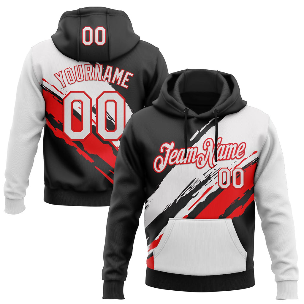 Custom Stitched Black White-Fire Red Color Block Split Brush Stroke Pullover Sweatshirt Hoodie