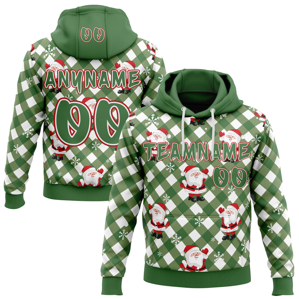 Custom Aurora Green White-Red Christmas Santa Claus Plaid Snowflakes Pullover Sweatshirt Hoodie