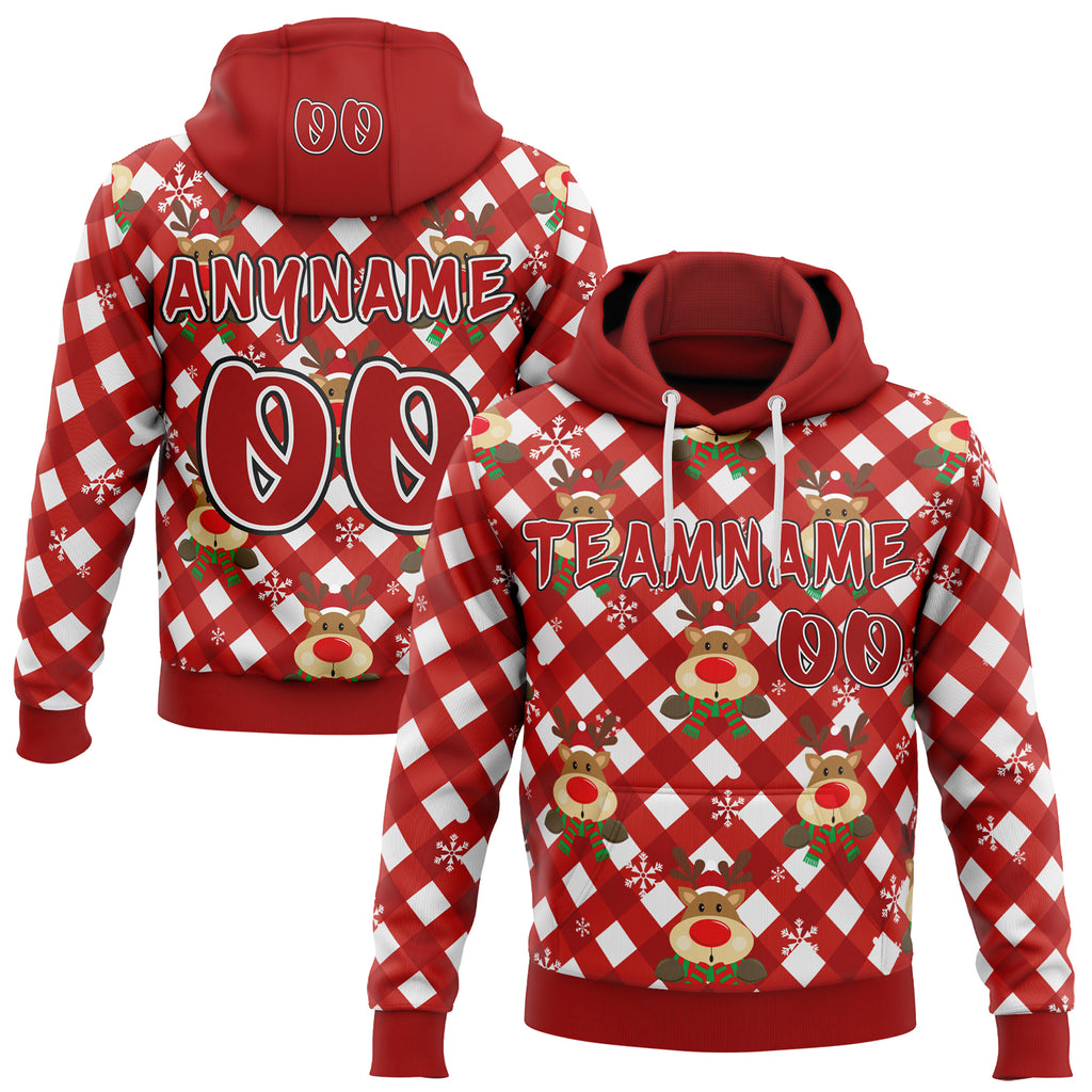 Custom Red White-Black Christmas Reindeer Plaid Snowflakes Pullover Sweatshirt Hoodie