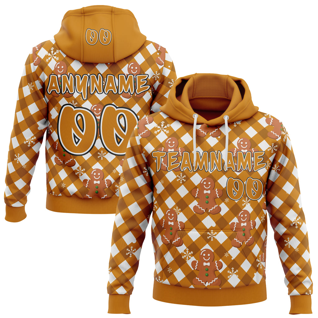 Custom Texas Orange White-Black Christmas Gingerbread Man Plaid Snowflakes Pullover Sweatshirt Hoodie