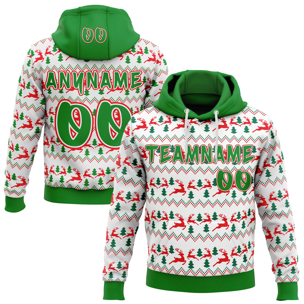 Custom White Grass Green-Fire Red Christmas Tree Fair Isle Reindeer Pullover Sweatshirt Hoodie