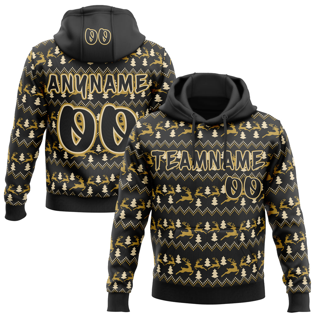 Custom Black Cream-Old Gold Christmas Tree Fair Isle Reindeer Pullover Sweatshirt Hoodie