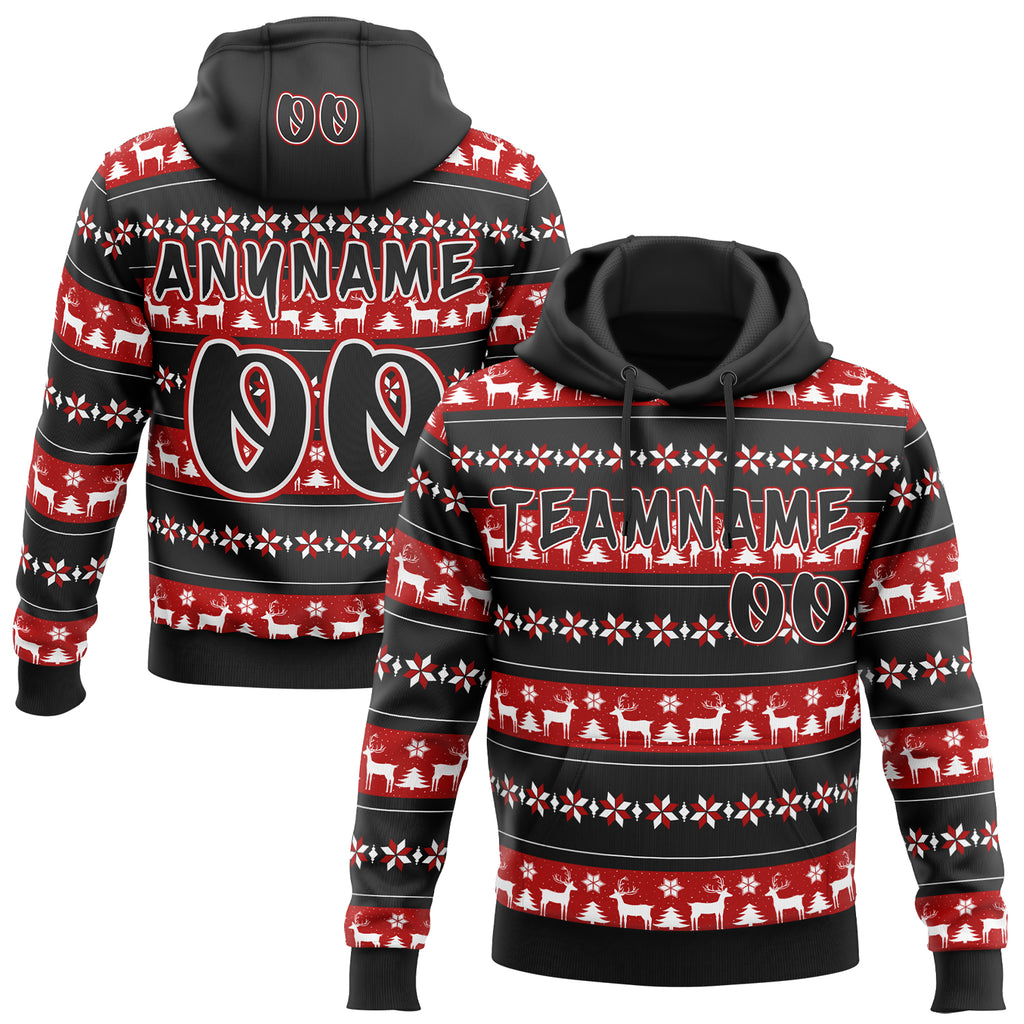 Custom Black Red-White Christmas Tree Fair Isle Reindeer Pullover Sweatshirt Hoodie