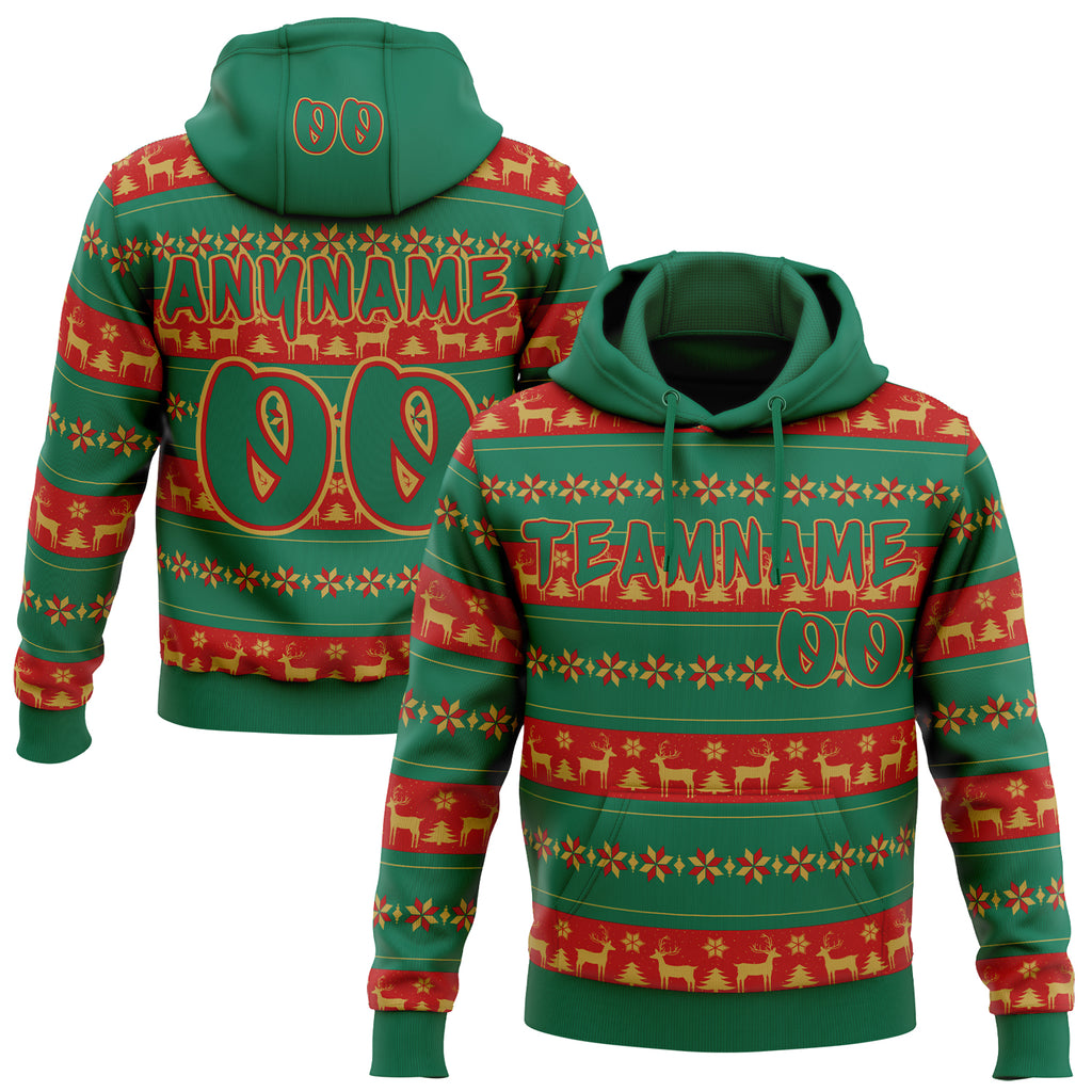 Custom Kelly Green Red-Old Gold Christmas Tree Fair Isle Reindeer Pullover Sweatshirt Hoodie