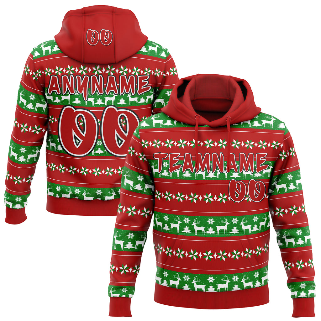 Custom Red Grass Green White-Black Christmas Tree Fair Isle Reindeer Pullover Sweatshirt Hoodie