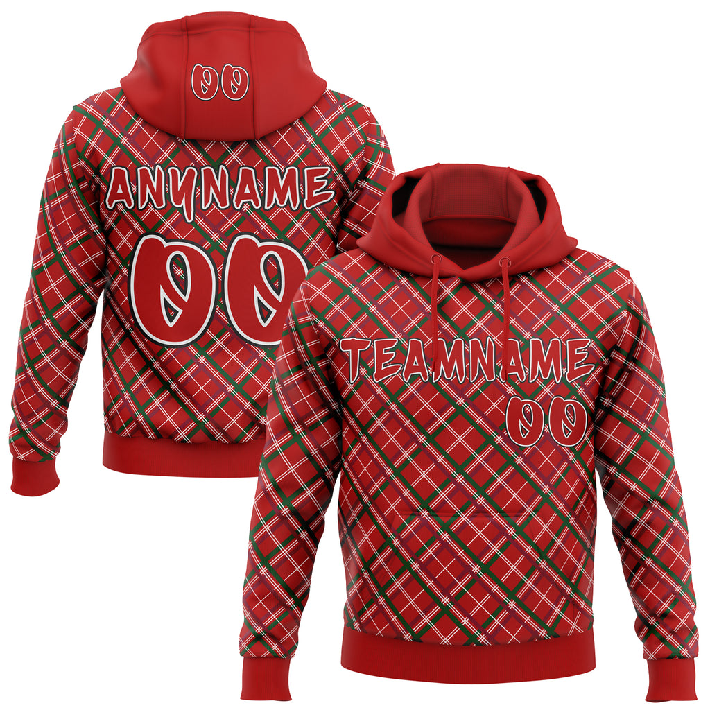 Custom Red Green White-Black Christmas Plaid Checkered Pattern Pullover Sweatshirt Hoodie