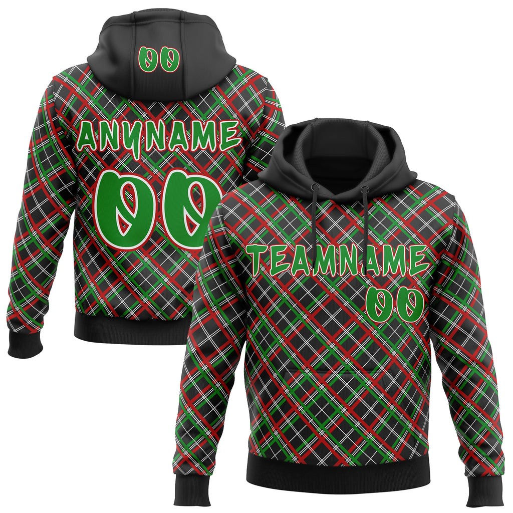 Custom Black Grass Green Red-White Christmas Plaid Checkered Pattern Pullover Sweatshirt Hoodie