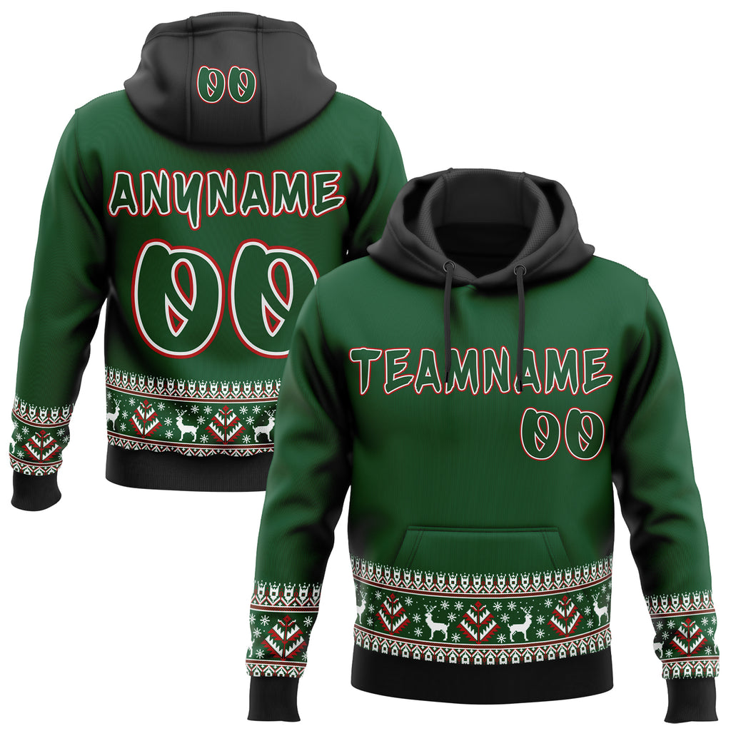 Custom Green White Red-Black Christmas Tree Fair Isle Reindeer Pullover Sweatshirt Hoodie
